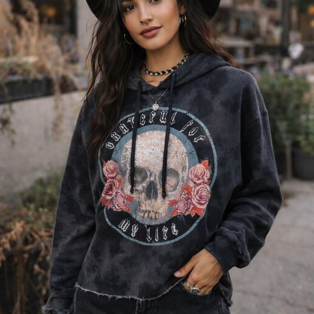 Peace Love World Grateful Skull Hoodie Charcoal Tie Dye Sz M Boho Grunge Casual - Picture 1 of 8